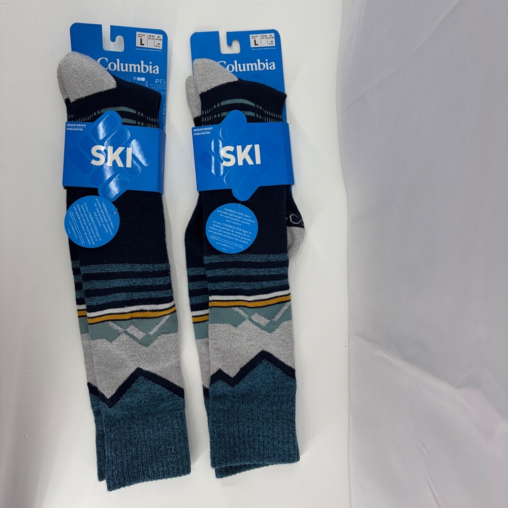 Columbia Mens Ski Over-The-Calf Socks 2 Pair Navy Teal Mountain Pattern Large